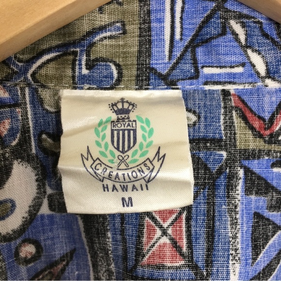 Vintage 90s Men’s Hawaiian Tribal Button Down Shirt Royal Creations Hawaii Blue - Picture 5 of 11